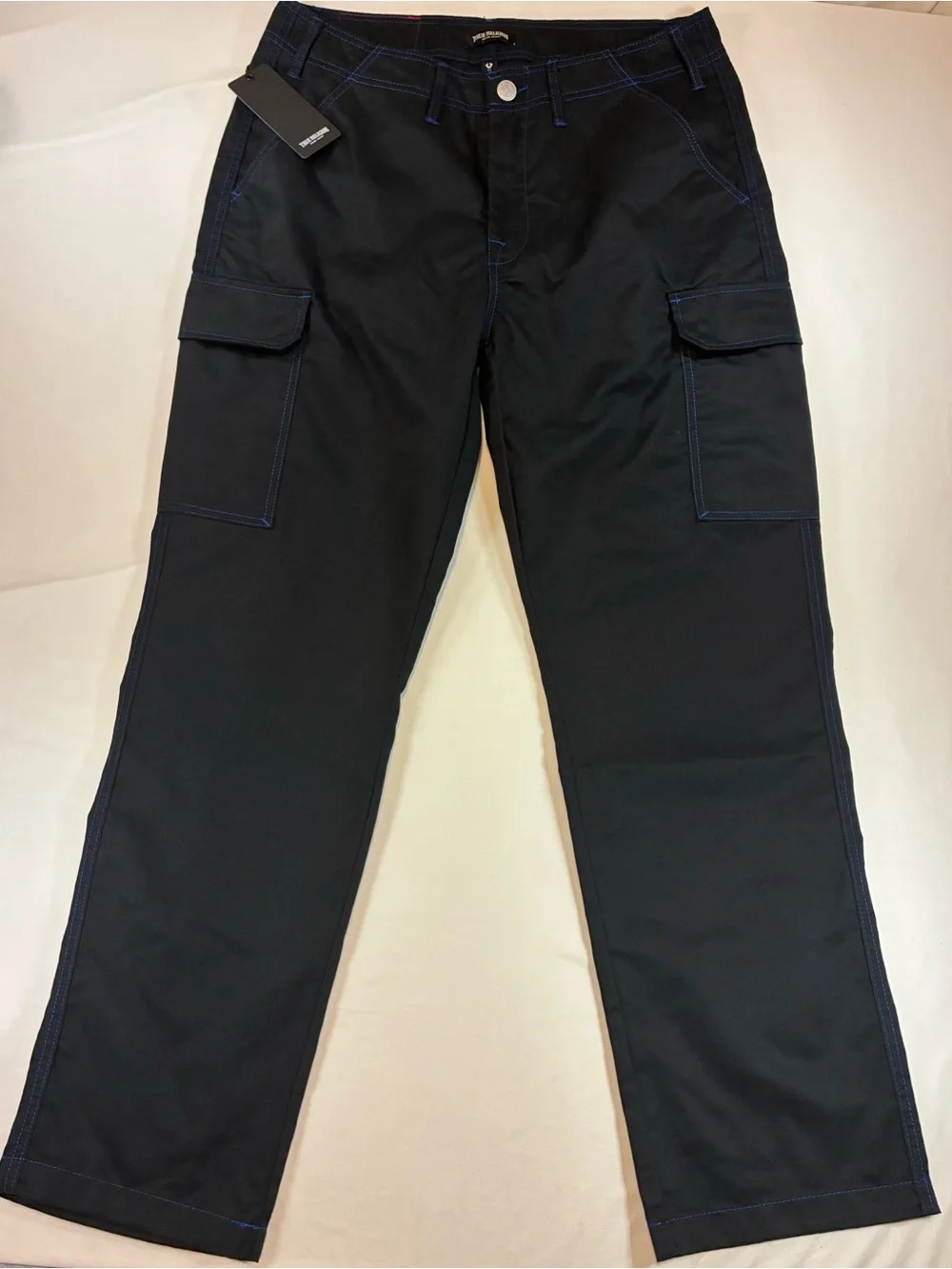 True Religion Black Cargo Pants with Blue Contrast Stitching